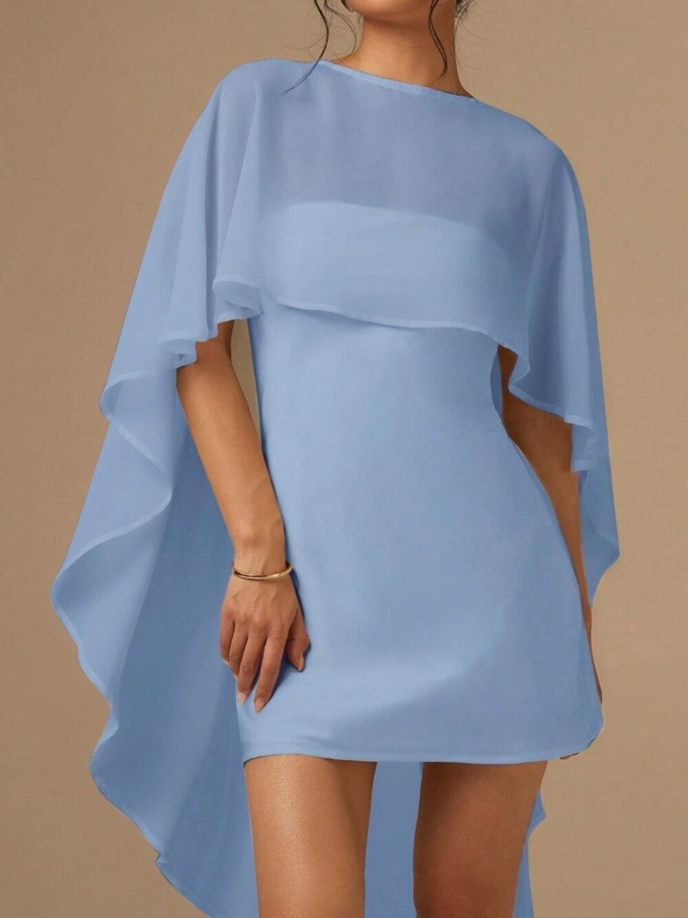 Baby Blue Satin Bias-Cut Women's Mini Dress with Cape Shawl